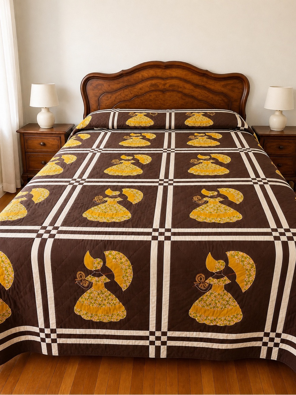 Vintage Folk Art Appliqué Quilt Prairie Girls Parasol Handmade Bedspread